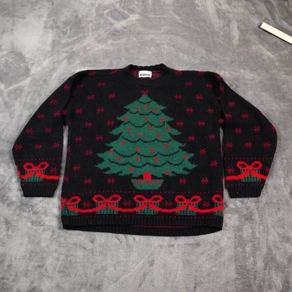 VTG Adele Sweater Womens Large? 42" Black Green Red Ugly Christmas Tree July Bow - Picture 1 of 9